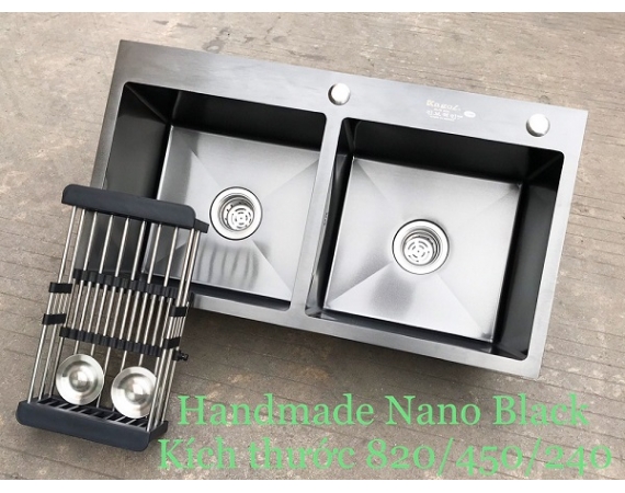 Chậu rửa bát 2 hố cân màu đen phủ Nano Black Kagol 8245BC (82*45 cm)