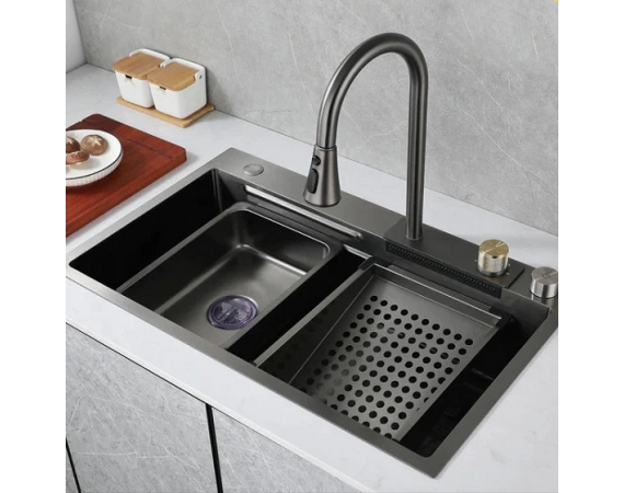 Chậu rửa bát 1 hố nano màu đen kết hợp vòi rửa bát chảy thác Kagol KG7546B
