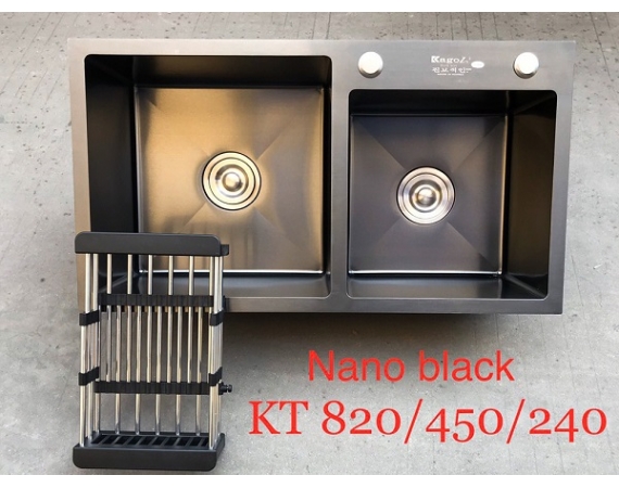 Chậu rửa bát 2 hố lệch màu đen phủ Nano Black Kagol 8245BL (82*45 cm)