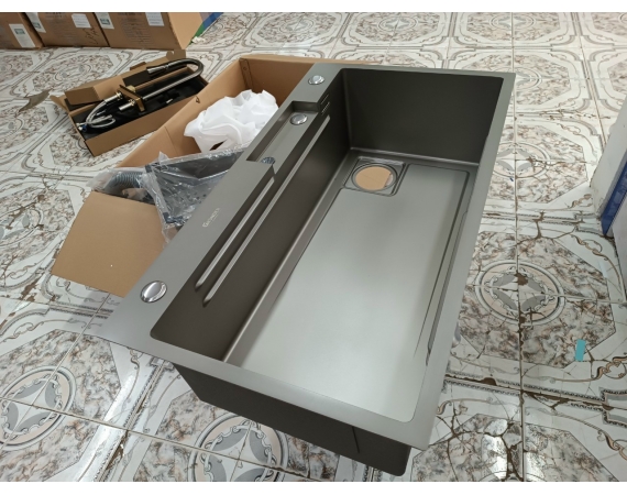 Chậu rửa bát 1 hố Inox SUS 304 nano màu ghi xám kèm vòi chảy thác HD8045G