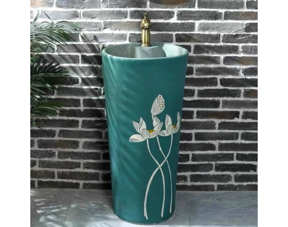 Chậu rửa mặt nghệ thuật chân đứng màu xanh vân hoa senHDSJ31