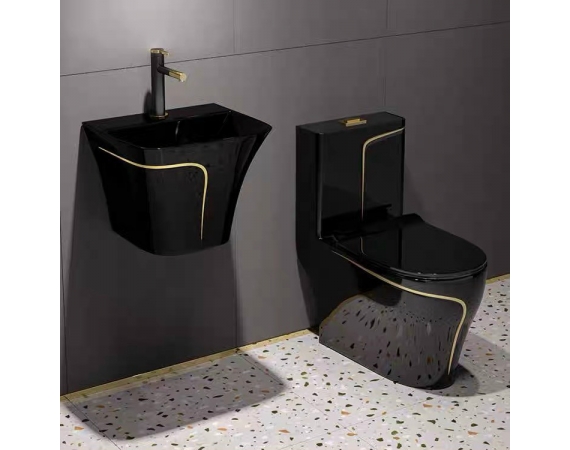 Chậu Lavabo treo tường màu đen kẻ chỉ vàng - LE01