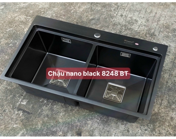 Chậu rửa bát 2 hố cân giật cấp màu đen phủ Nano Black Kagol 8248BT (82*48 cm)