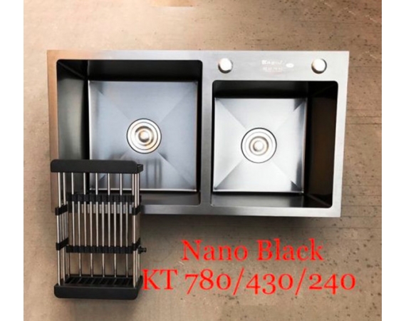 Chậu rửa bát 2 hố lệch màu đen phủ Nano Black Kagol 7843BL (78x43cm)