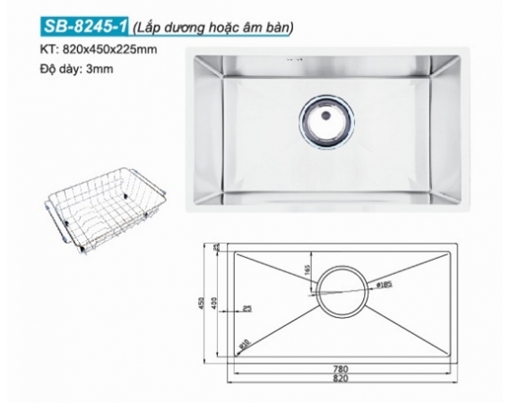 Chậu rửa bát 1 hố âm bàn Sobisung SB-8245-1 (820x450x225mm)