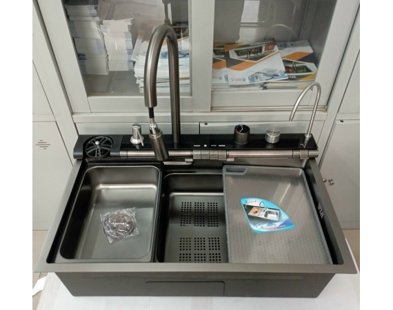 Chậu rửa bát inox màu ghi nano kèm vòi thác KAGOL KND7546XTN3 (KT:750x460x220)