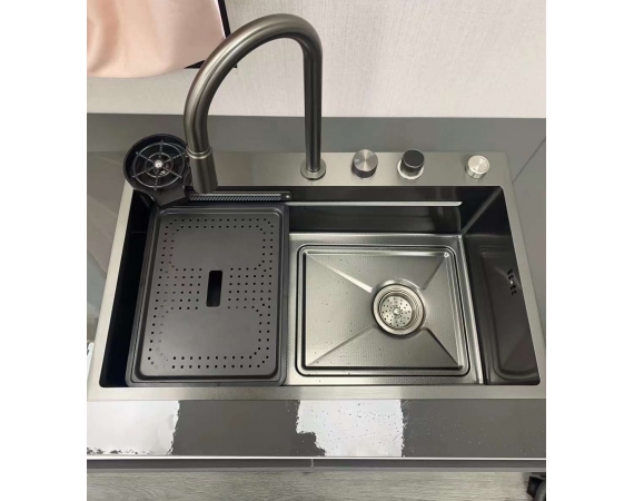 Chậu rửa bát inox màu ghi nano kèm vòi thác KAGOL KND8046XT (kt:800x450x220)