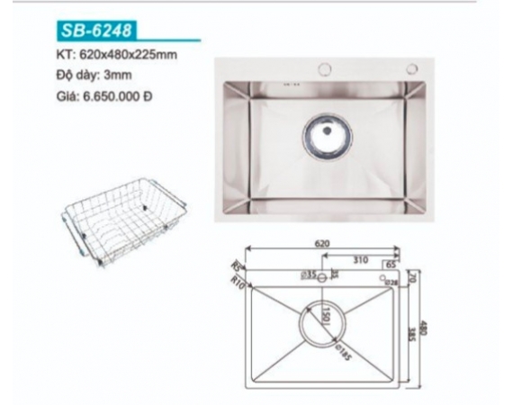 Chậu rửa bát 1 hố Hàn Quốc Sobisung SB-6248