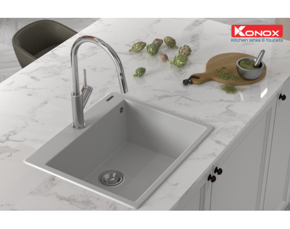 Chậu rửa bát đá màu trắng 1 hố Granite Sink Ruvita 680 – White Silver ( 680*500*200 )