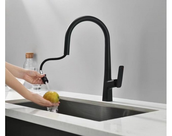 Vòi rửa bát nóng lạnh dây rút màu xám đen Kagol K58