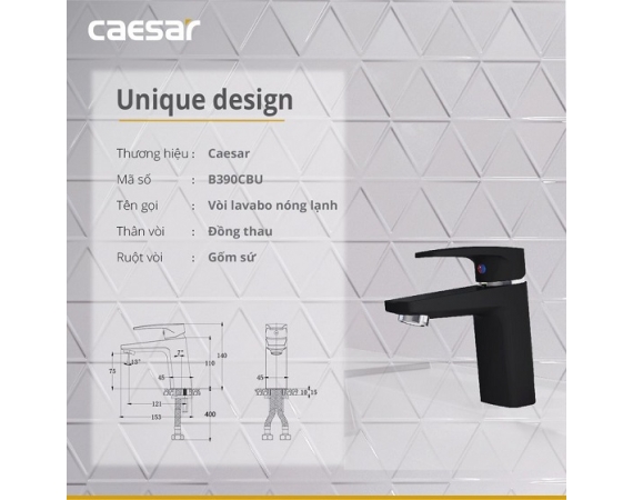 Vòi lavabo nóng lạnh màu đen Caesar B390CBU ( đã bao gồm bộ thoát nước )